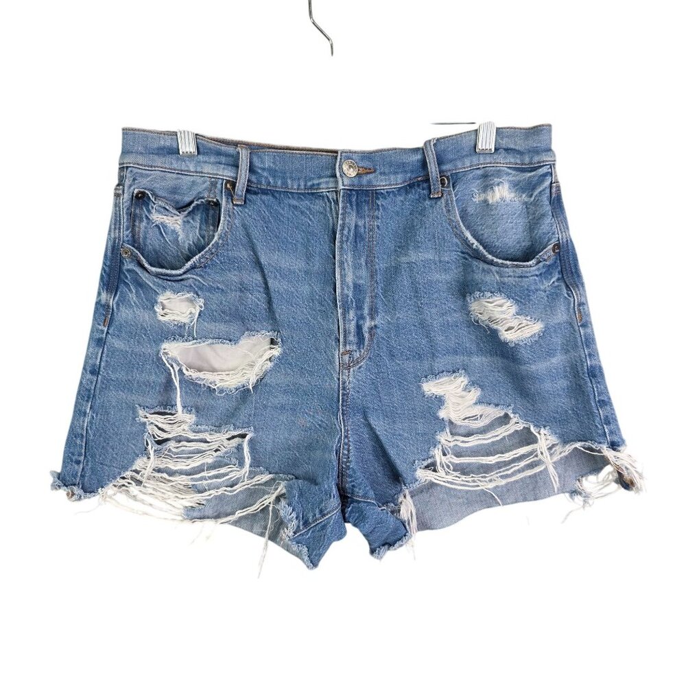 Womens American Eagle Blue Denim Shorts Distressed Highest Rise 90s Boyfriend 14